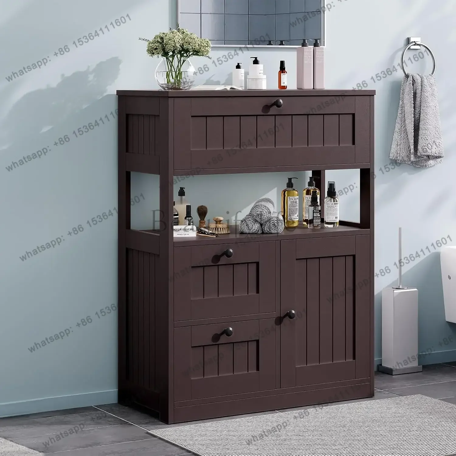 Factory Direct Bathroom Cabinet, Modern Bathroom Floor Storage Cabinet Organizer With 1 Door And 3 Drawers, , Customized