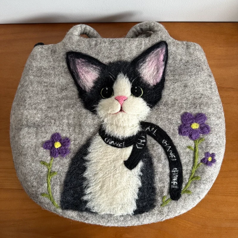 Handmade German curly cat wool felt shoulder bag