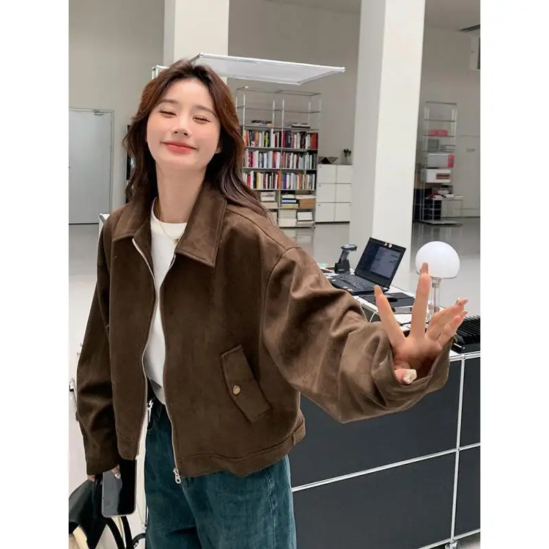 فتاة براون سترة جلدية معطف حسن المظهر الترفيه ربيع الخريف قليل نمط قصير قاطرة القمم سترة أنيقة تحمل شعار لعبة البيسبول بالجملة #3
