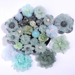 10Pcs Blue Green Series Camellia Rose Chiffon Fabric Artificial Flowers for Wedding Bouquet Shoes Decoration