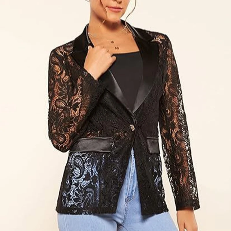 Women's Blazer Jacket Fashion Elegant Floral Lace Mesh Single Button Lapel Long Sleeve Jacket Blazer For Party Work Office