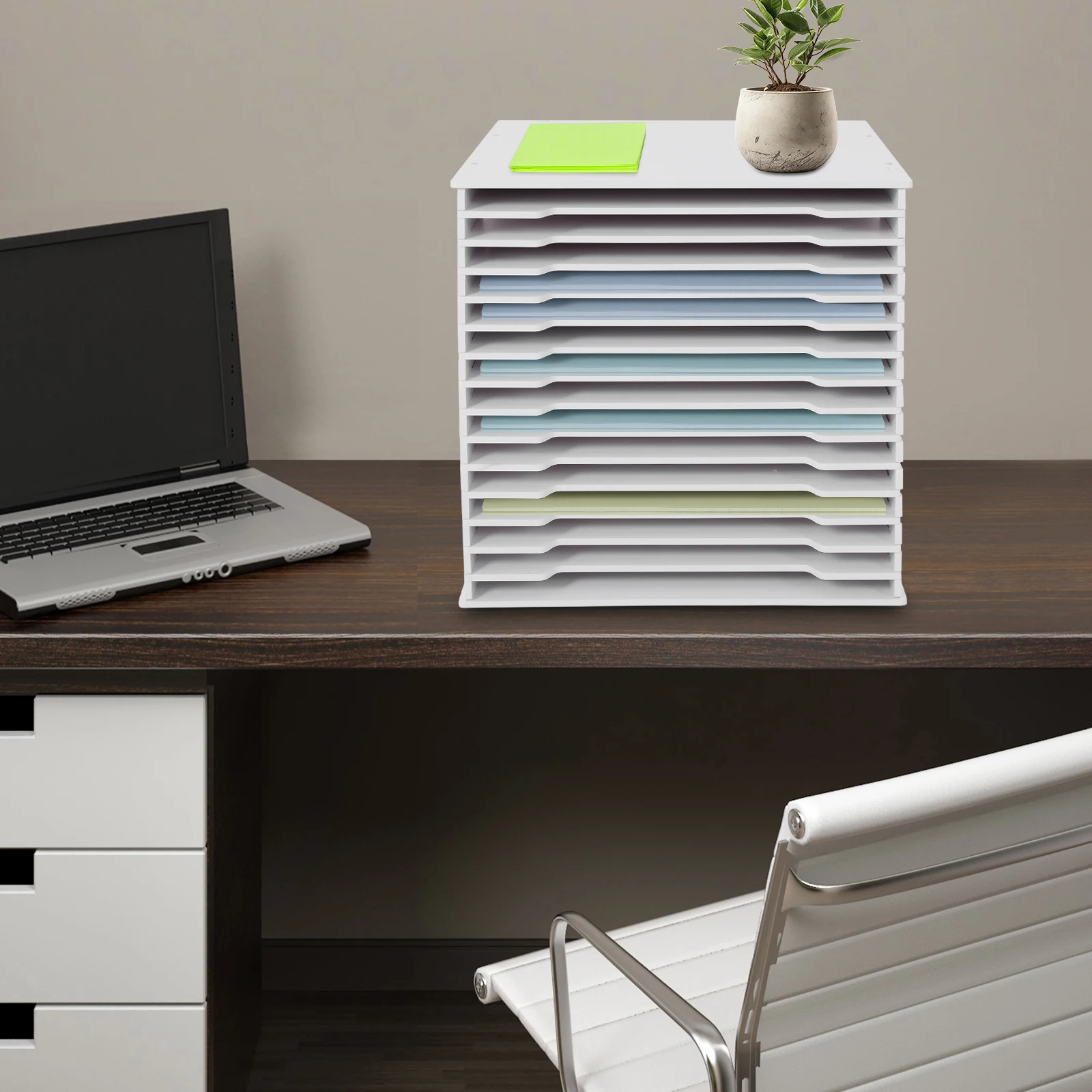 

White Modern Rectangular Eco-friendly PVC Board 15-Slot Desktop Document Organizer for Home Office School Library Classroom, Total Load 15kg, Each Slot 33x30.5x1.6cm, for 12x12in Paper