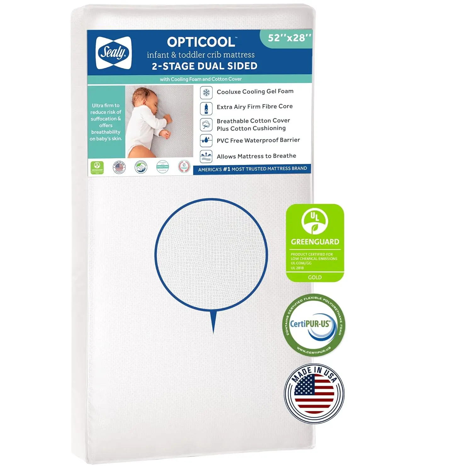 OptiCool Dual Firm Crib Mattress - Waterproof & Breathable Cooling Gel Foam for Enhanced Comfort, GREENGUARD Gold Certified, Mad