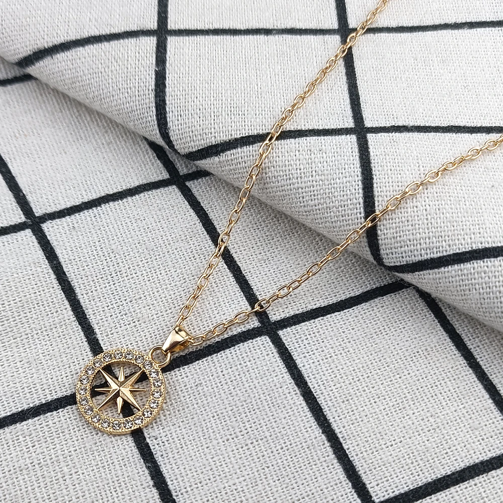 KPOP Merch Compass CZ Necklaces Hiphop Pendant Cubic Zirconia Necklace Gifts for Friends