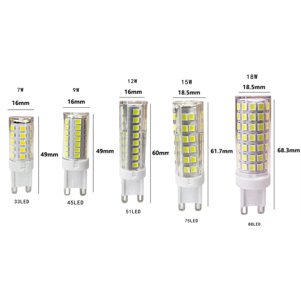 Mini lâmpadas led g9, 7w, 9w, 12w, 15w, 18w, super brilhante, 2835smd, 220v, lâmpada de cerâmica branca, 360 °, para iluminação da sala, 10/20 peças