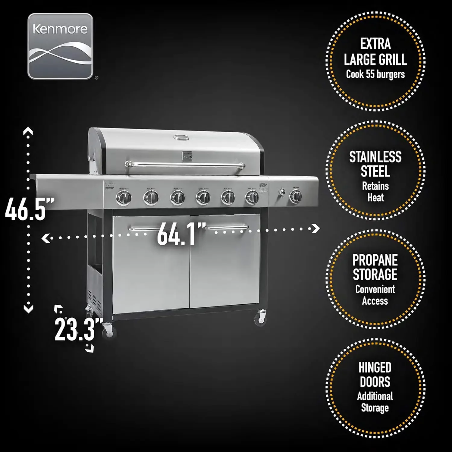 PG-A40611S0L 6 Burner Cabinet Style Propane Gas BBQ Grill with Side Burner, 73000 Total BTU, Stainless Steel