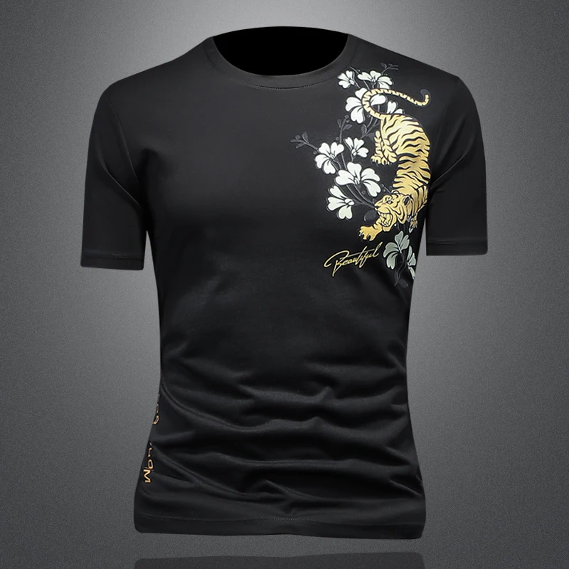 Tiger Floral Chinese Style T Shirt For Men Short Sleeve Slim Fit Summer Quality Mercerized Cotton Stretchy Tees Camisetas Hombre