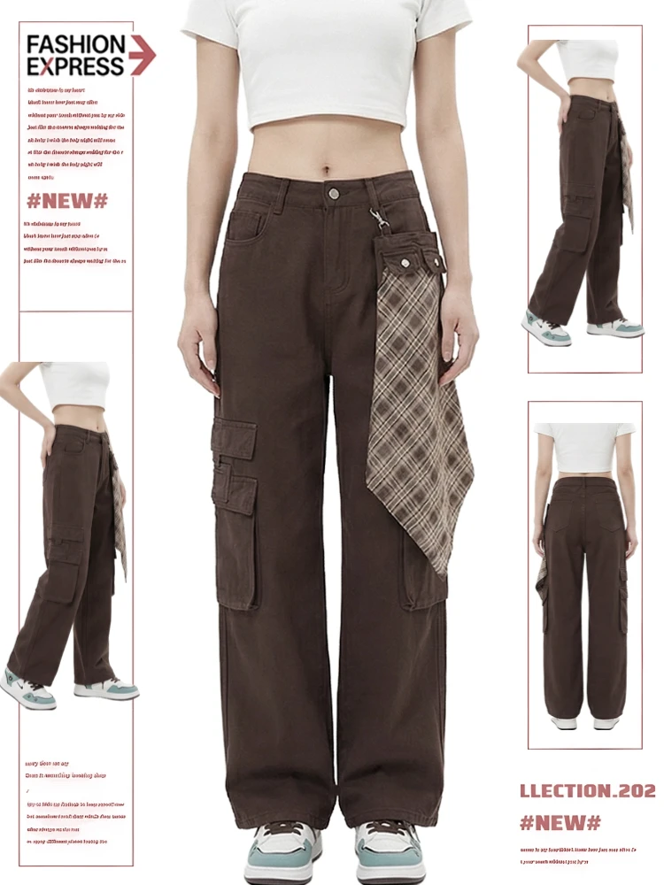 

American Workwear Sle Women's Jeans Spring Autumn New Brown Wide Leg Pants Multiple kets Loose Slimming Effect