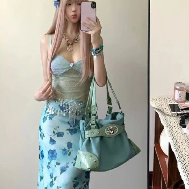 Original Millennial Spice Sky Blue Diamond Splicing Old Vintage Style Underarm Bag Tote Bag High Appearance Level Shoulder Bag view 4