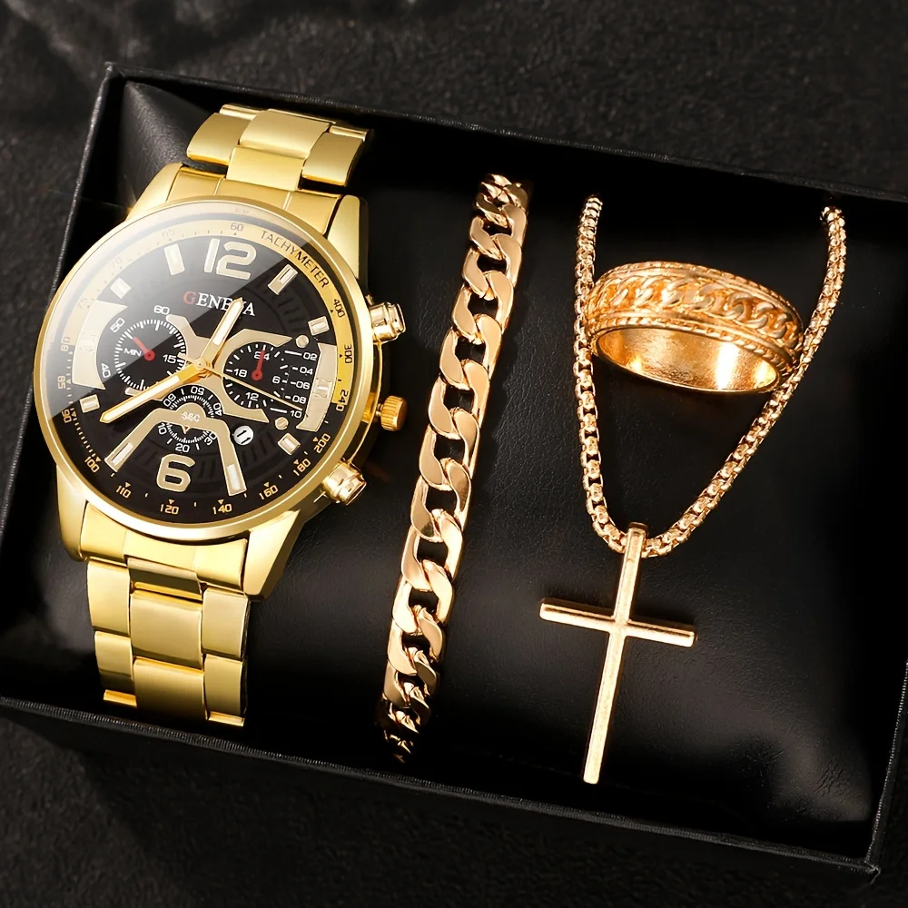 

Men's 4pcs Fashion Set: Golden Quartz Watch With Calendar, Cross Pendant Necklace, Ring & Bracelet - Perfect Gift For Him