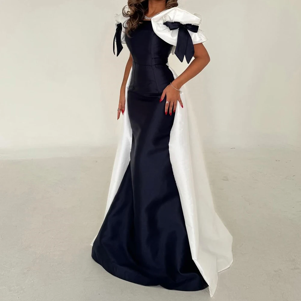 

Customized Elegant Crystal Bow Mermaid Off The Shoulder Satin Evening Dress Fashion Floor Length Short Sleeves платье вечернее