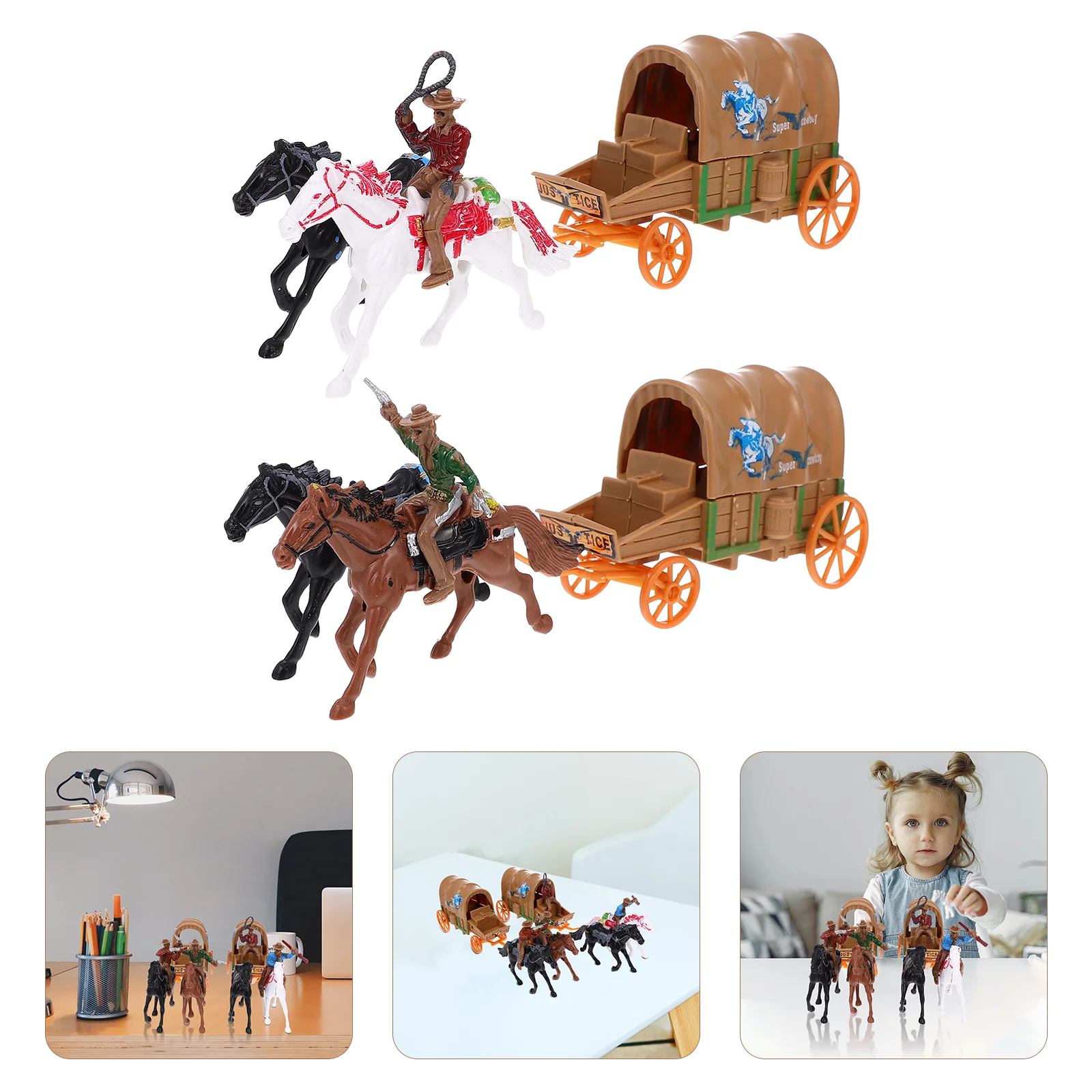 2 Sets Mini Figurines Cowboy Model Toy Decor Plastic Carriage Models Hay West Themed Toys Accessories