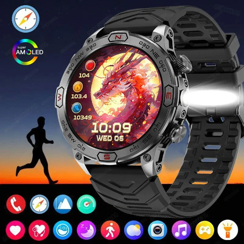 

Fashion Smart Watch 466*466 AMOLED Flashlight Outdoor Compass 1ATM Waterproof Watch Smart Bluetooth Call GPS Track Sport Watches