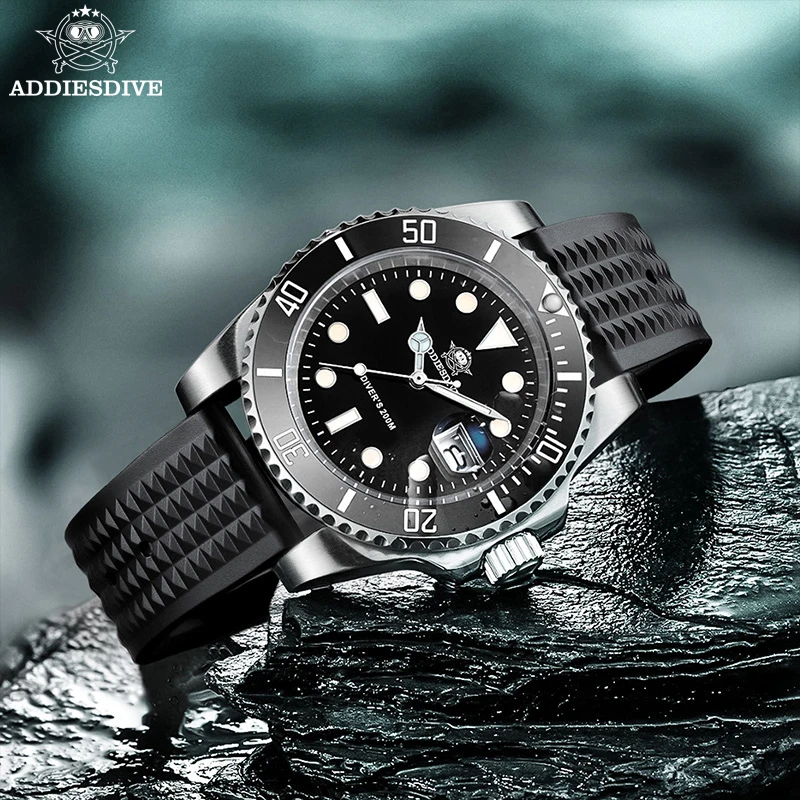 Addiesdive นาฬิกาควอตซ์สำหรับผู้ชาย, 316L สแตนเลสฝาเซรามิกเรืองแสง Tali Jam Tangan karet 200เมตรนาฬิกาดำน้ำ Relógio de Quartzo