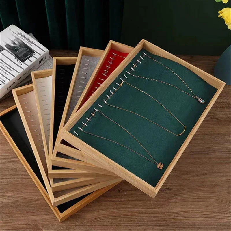

Velvet Bamboo Jewelry Display Tray Ring Earring Necklace Bracelet Pendant Organizer Jewelry Storage Tray For Drawer