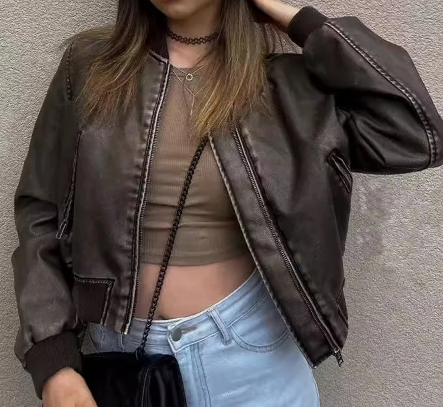 

Женская свободная куртка из стираной кожи, винтажное короткое пальто с воротником-стойкой и градиентной молнией, весеннее женское шикарное пальто в стиле локомотива