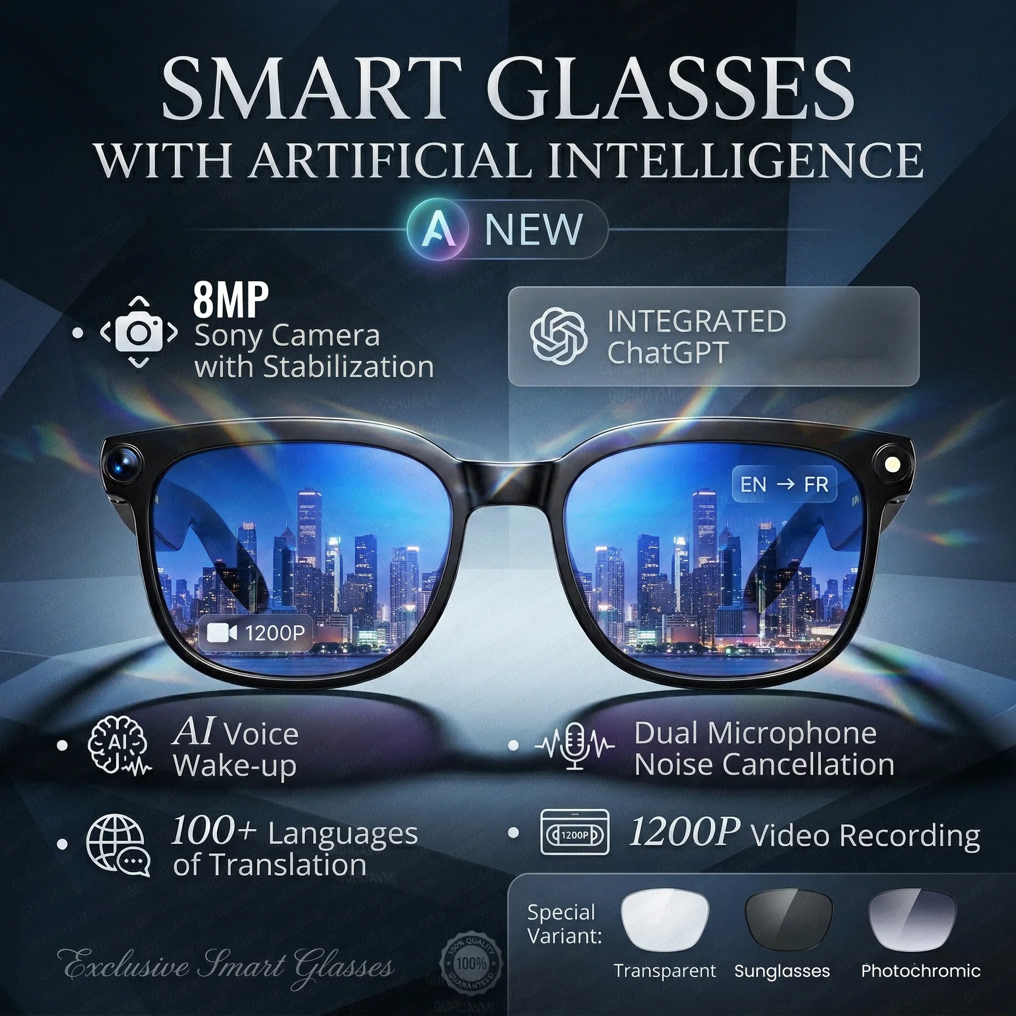 

Новые умные очки 8K AI с HD-камерой 1200 МП, Bluetooth-звонками, голосовым помощником Chat GPT, музыкальным плеером, функцией перевода, умные солнцезащитные очки для женщин