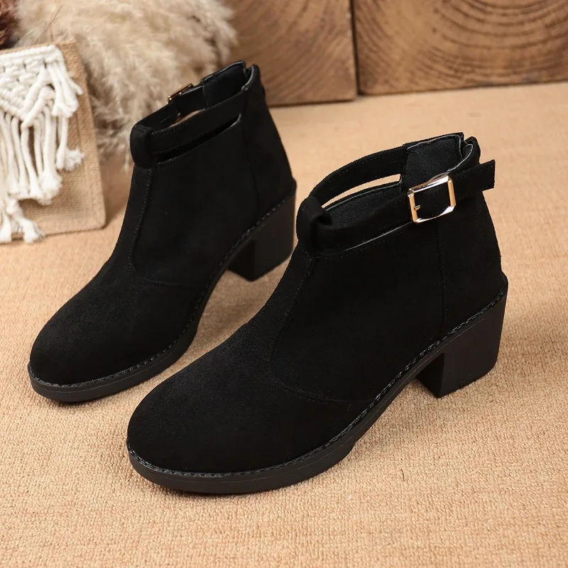 Belt Buckle Booties Fashion Round Toe Cow Suede Zip Platform Non-Slip Wear-Resistant Block Heel Shoes