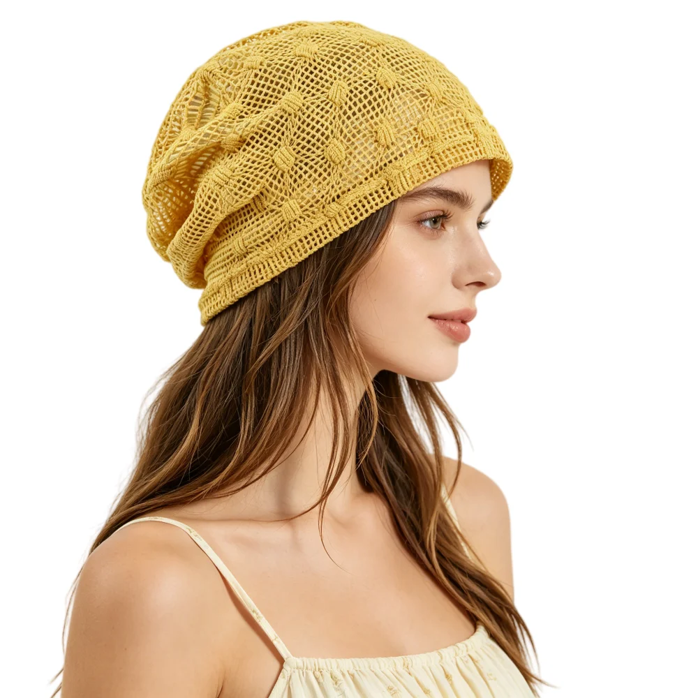 Women Hollow Mesh Slouchy Beanie Breathable Knit Summer Hat Casual Lightweight See-through Headwear