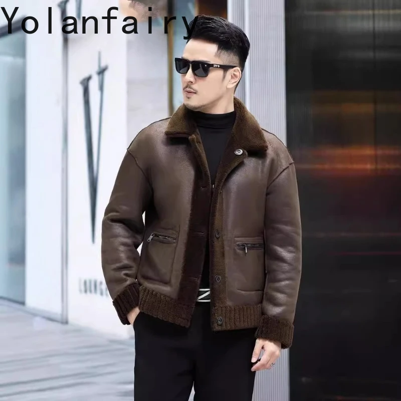 YOLANFAIRY メンズ100%ウールコート 2025年冬 リバーシブル メンズショートシープスキンジャケット 粒状ラムウールファーコート