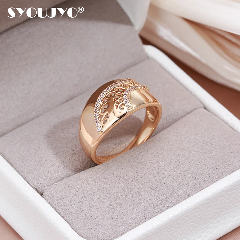 SYOUJYO Luxury Ethnic 585 Rose Gold Color Rings For Women Shiny Natural Zircon Easy Matching Weaving Patterned Queen Crown Ring