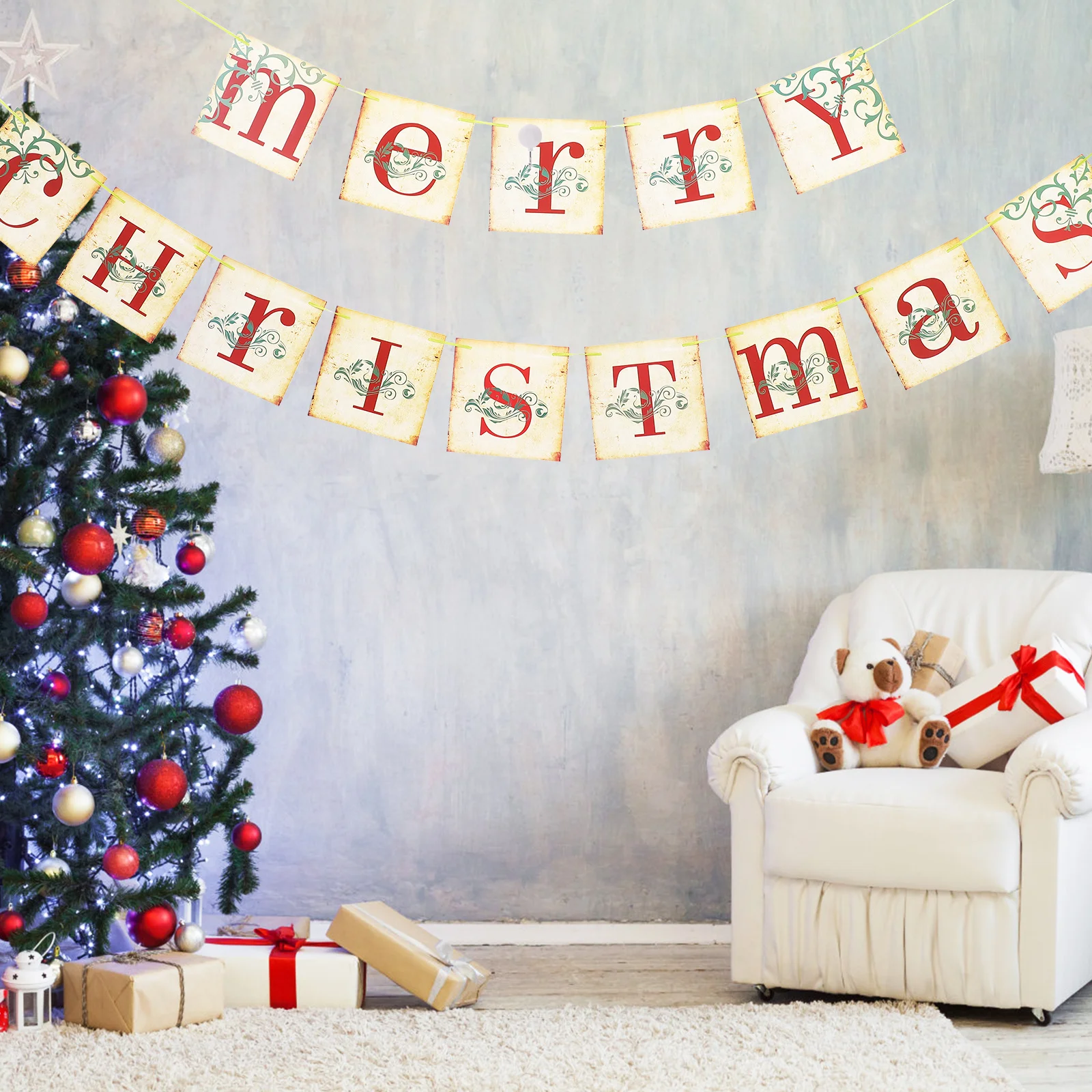 

1Set Xmas Banner Christmas Decoration Hanging Paper Flag for Indoor Outdoor Party Wall Door Window Tree Festive Decor