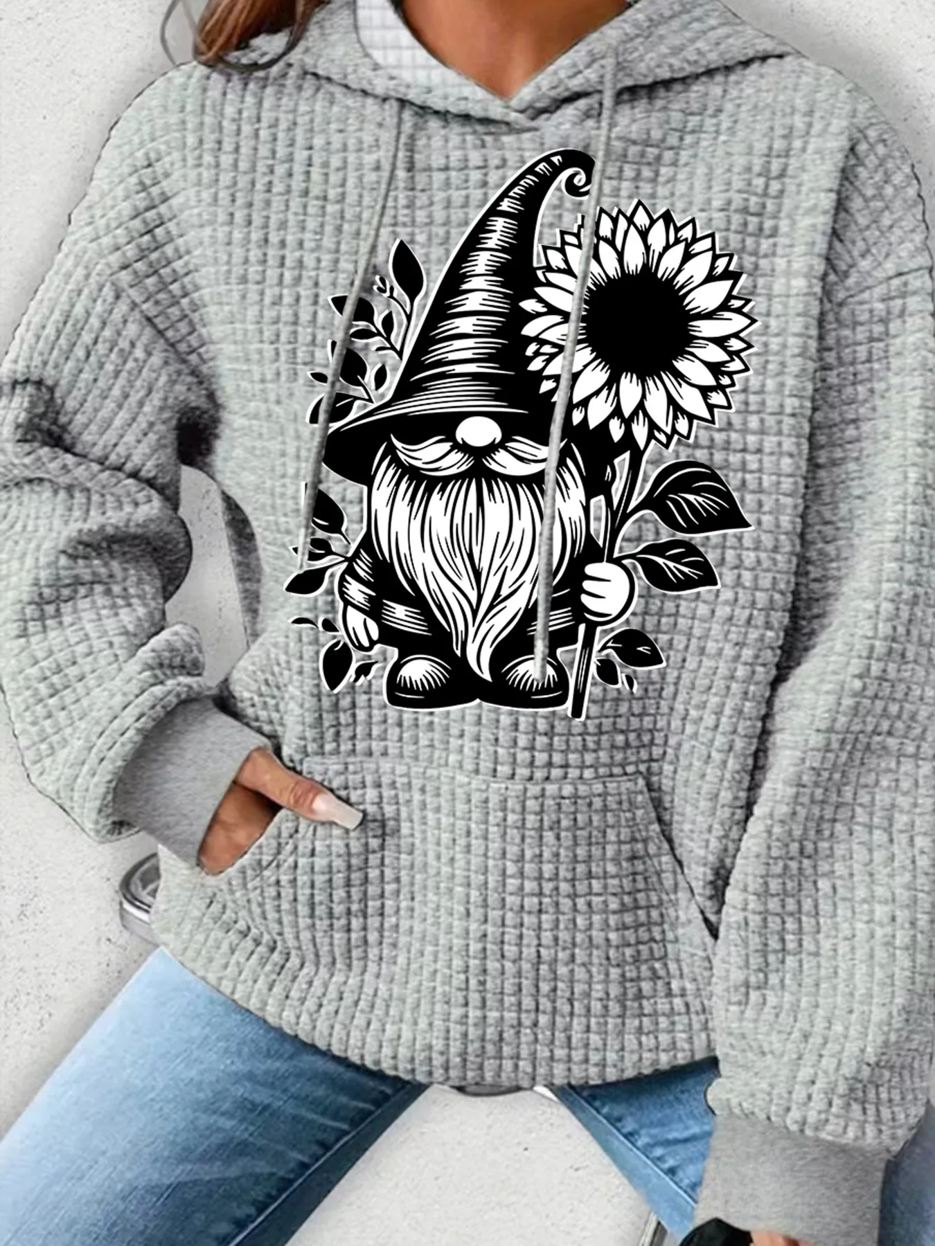 

Женская одежда больших размеров, вафельные вязаные топы для женщин, большие толстовки с милым мультяшным узором и принтом для женщин, толстовки с карманами