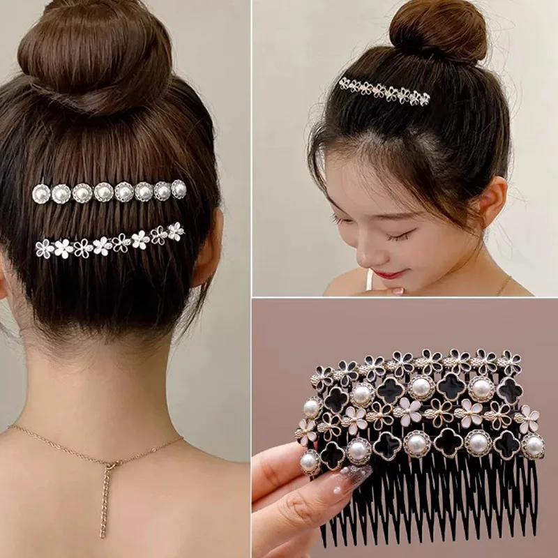 4pcs/set Luxury Rhinestones Pearls Flowers Hair Combs For Women Elegant Hair Ornament Quick-fix Hair Headband Hair Accessories