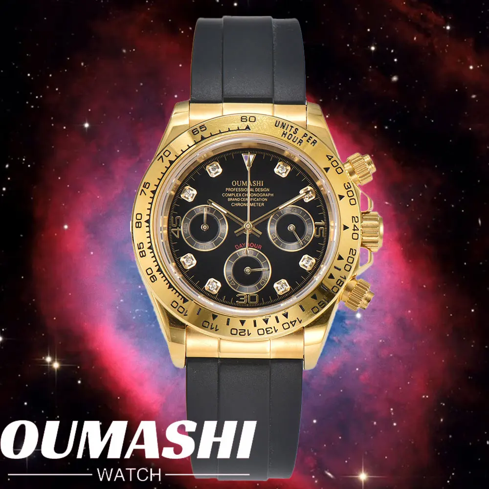 ساعة VK63 فاخرة ذهبية 39 ملم كوارتز كرونوغراف ساعة عمل للرجال سلسلة VK رياضية من زجاج الياقوت جوهرة قرص حافة سيراميك إدراج