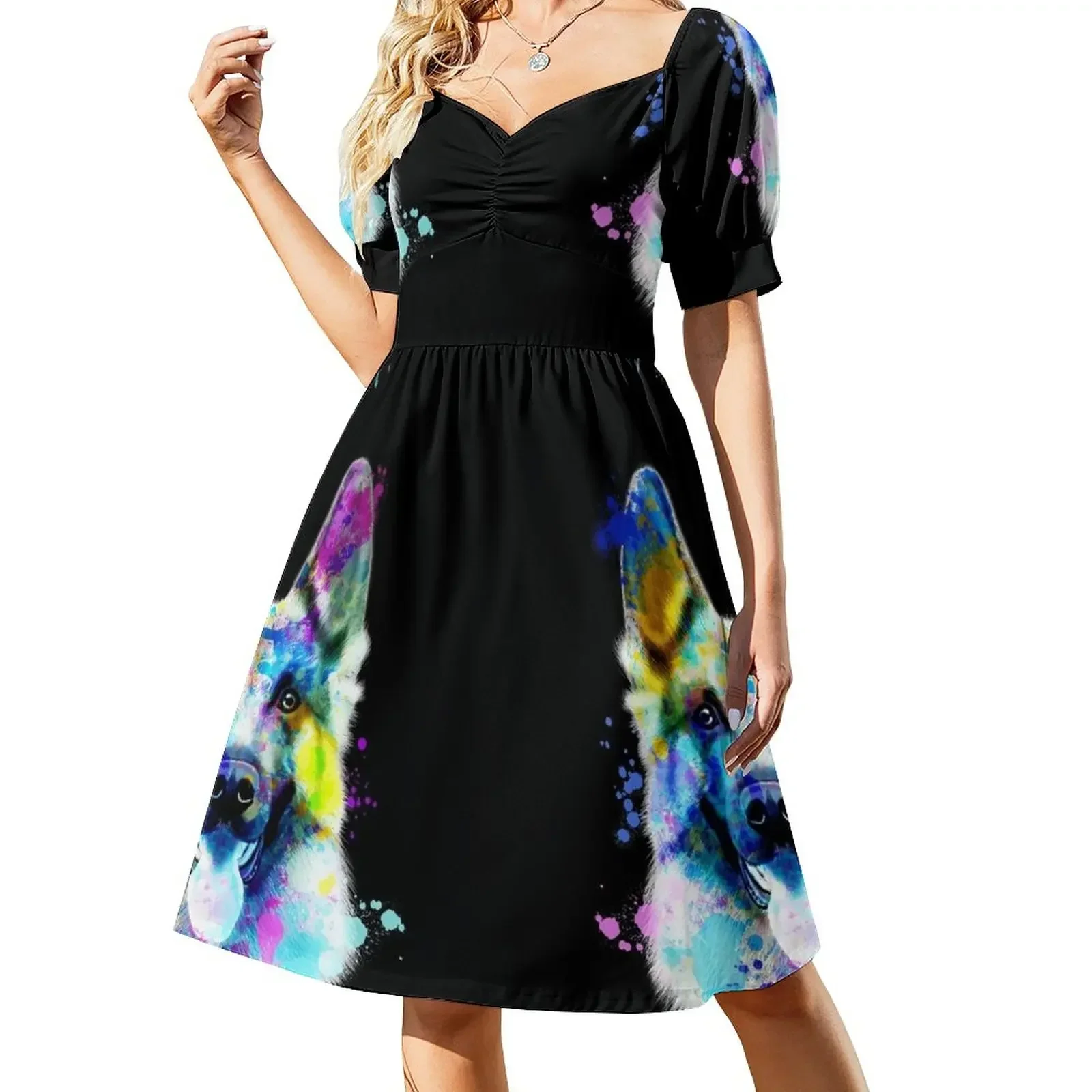 

German Shepherd Watercolor, Watercolor Dog print, German ShepherdPortrait, German Shepherd Painting Short-Sleeved Dress