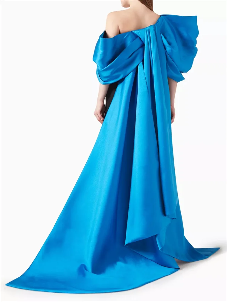 Hot Selling One-Shoulder Neckline Puff Sleeves Satin Sheath Evening Dress Elegant Open Back With Bow Floor Length Gown For Women