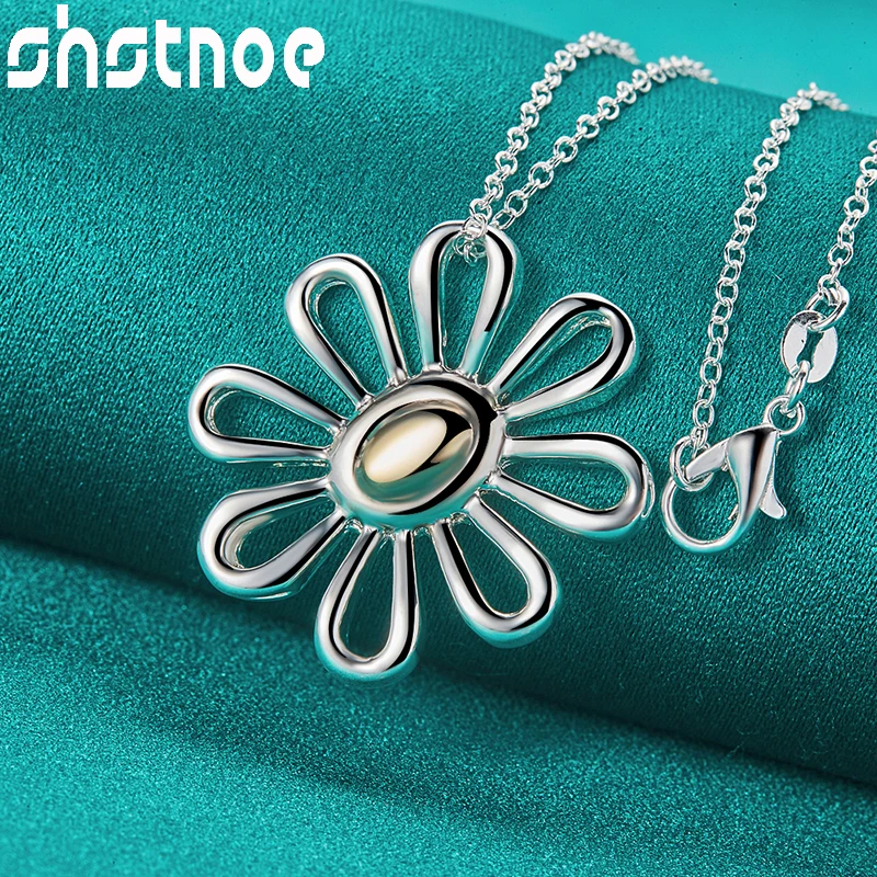 SHSTONE 2pcs 925 Sterling Silver Sunflower Pendant Chain Necklace Bangle Classic Jewelry Sets For Woman Wedding Engagement Gifts