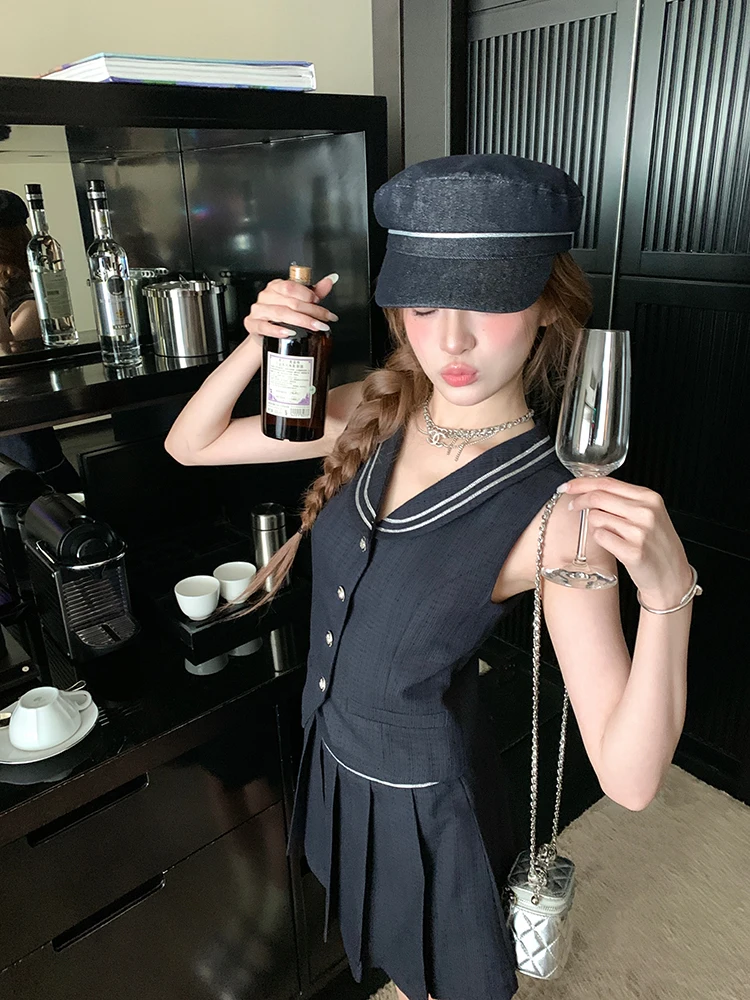

Miu Style Navy Collar Sleeveless Top and Skirt Set Women Elegant Slim Fit Two Piece Outfit Summer Fashion Trendy Girls Clothes