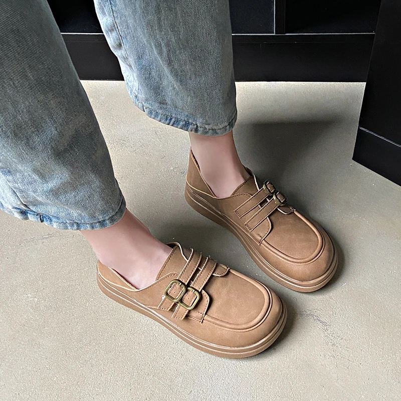 2024 Versatile Thick-soled Brown Women's Flats New Spring Vintage Mary Jane Shoes English Style Korean System Shoes Summer