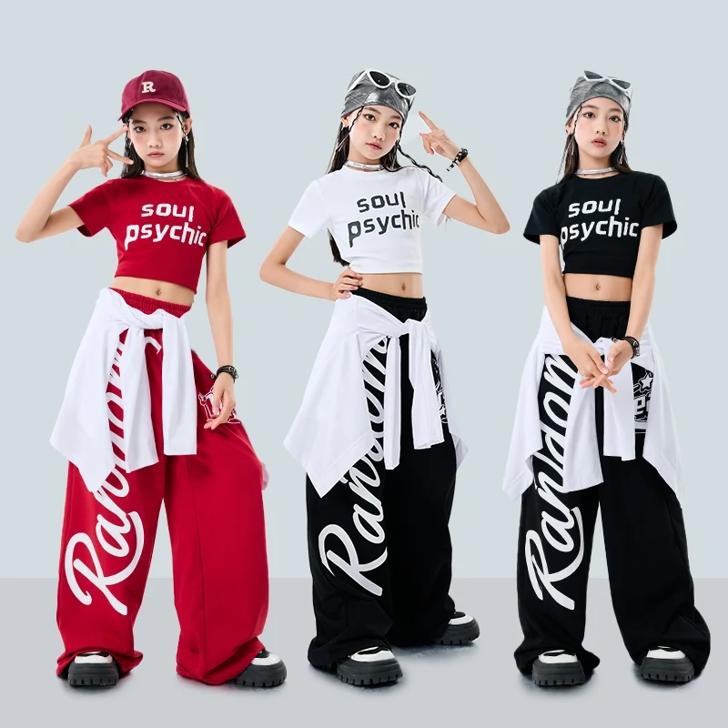 Cool Meisjes Jazzdans Outfit Kpop Stage Performance Kostuum Crop Top Rode Shuffle Broek Zwart Hip Hop Set Kinderen Street Wear 2083