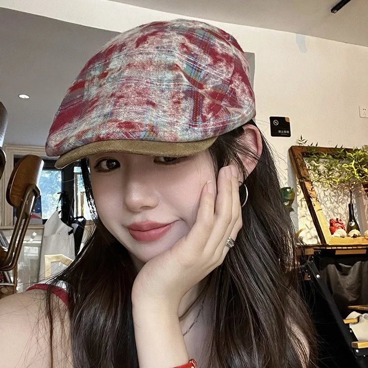 

Beret Cute Hats Sweet Cool Style Vintage Checkered Distressed Perforated Female Spring Summer Bailey Hat Duck Tongue Painter Hat
