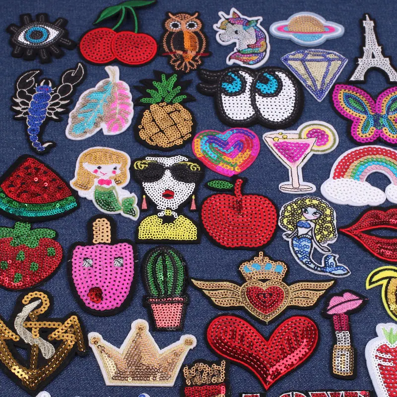 Iron on Cartoon Sequins Patches for Children\'s Clothing Unicorn Owl Eyes Heart Mermaid Cherry Embroidered Patch Fabric Stickers