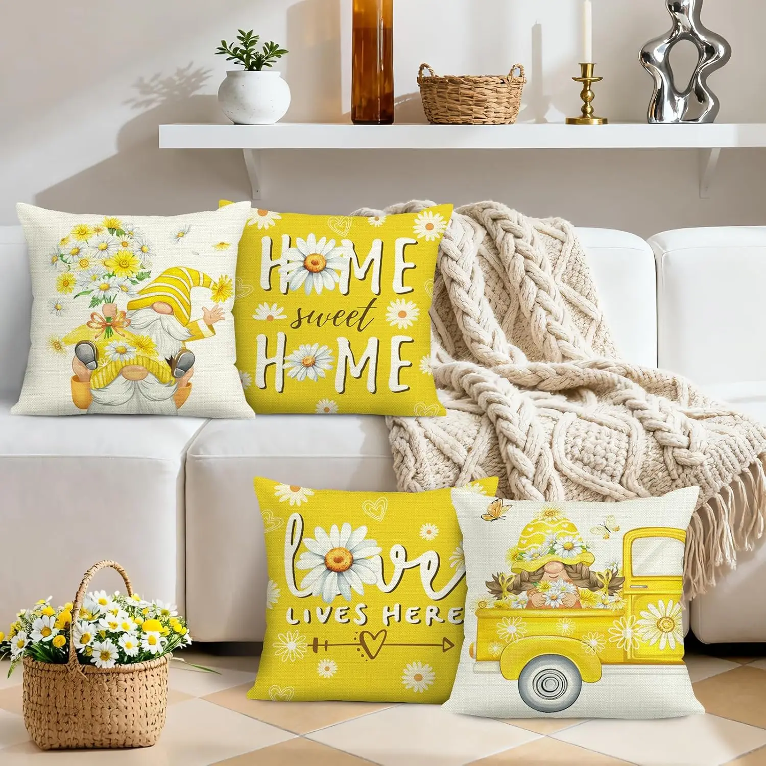 

Набор из 4 наволочек с цветочным принтом «Дом, милый дом» и гномами на грузовике, полиэстер, 2D, плоские, в стиле фермерского дома, новинка