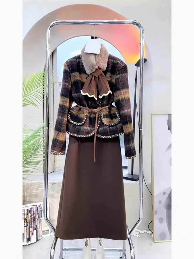 Spring Two Piece Woolen Skirt Suit High Quality Two Piece Set Women Short Jacket Coat + Skirt Suits Korean Sweet Elegant 2 Set