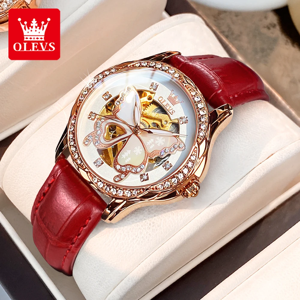 OLEVS 6622 Women Mechanical Watches Butterfly Skeleton Diamond Dial Leather Strap Luminous Ladies Dress Automatic Wristwatch