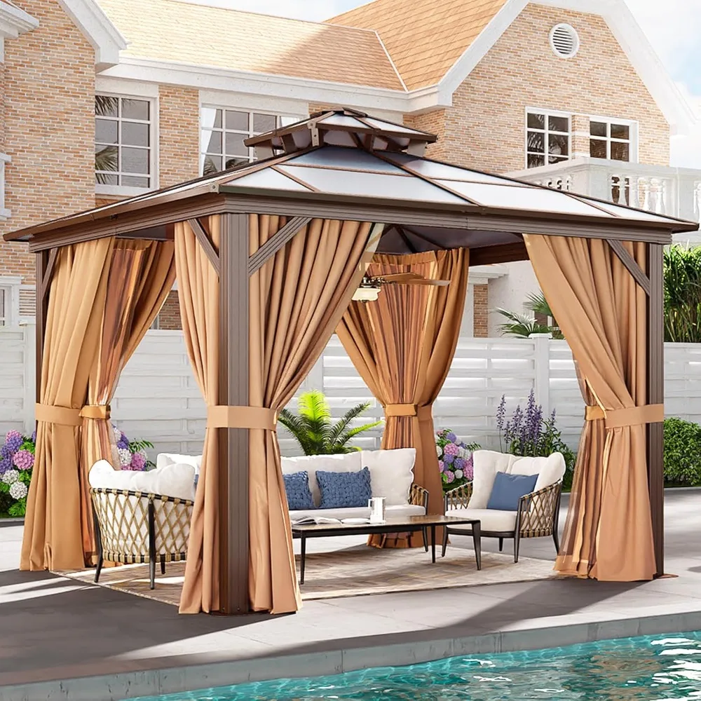

10'x10' Hardtop Gazebo, Outdoor Polycarbonate Double Top Canopy, Aluminum Frame Gazebo with Netting and Curtains, Sunshade for