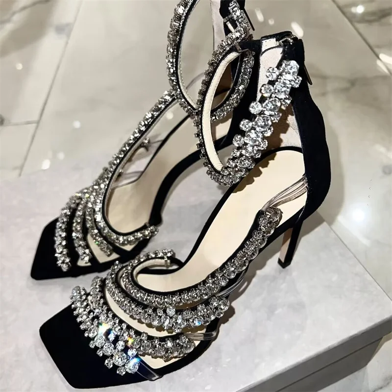 Crystal Women\'s Shoes Black High Heels Square Toe Female Ankle Strap Zapatos De Mujer Pumps Transparent Belt Diamond Sandalias