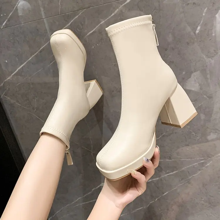 2022 Square Low Heel Fashion Ankle Boots Genuine Leather Short Boots Square Toe Zipper Winter Women Shoes Size 34-39