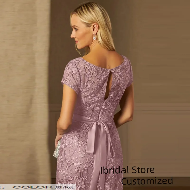 Customized Elegant O Neck Lace Appliques Short Sleeve A Line Long Mother Dress Ankle Length Bride Of Mother Dress Plus Size