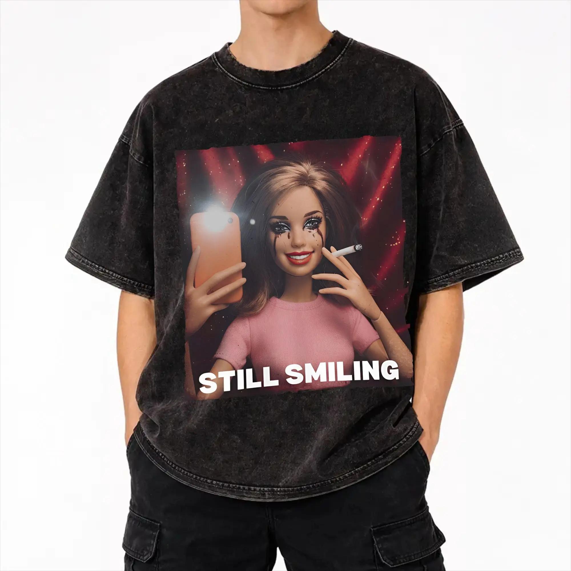 Printed Blonde Doll Disheveled Doll Washed T Shirts Outfit Harajuku T-Shirt  Men Women Tee