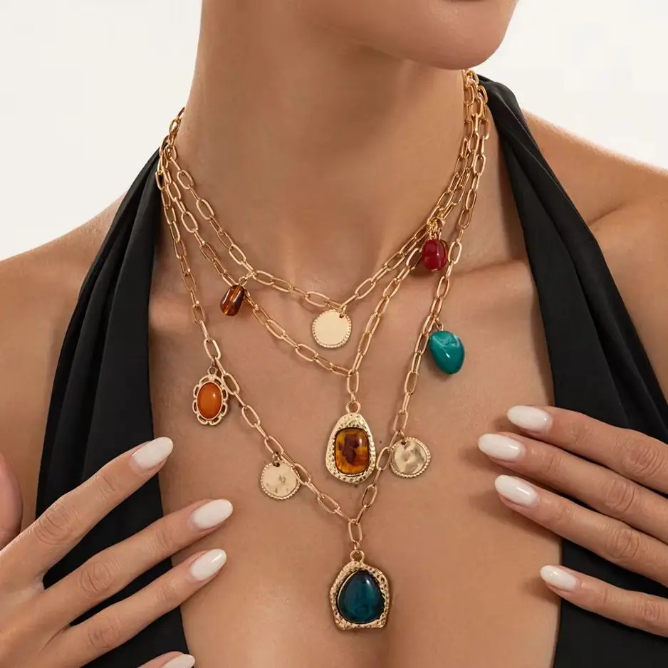 SHIXIN 3Pcs/set Fashion Multi-layer Inlaid Irregular Resin Stones Pendant Necklace Women Boho Metal Clavicle Chain Jewelry Gifts