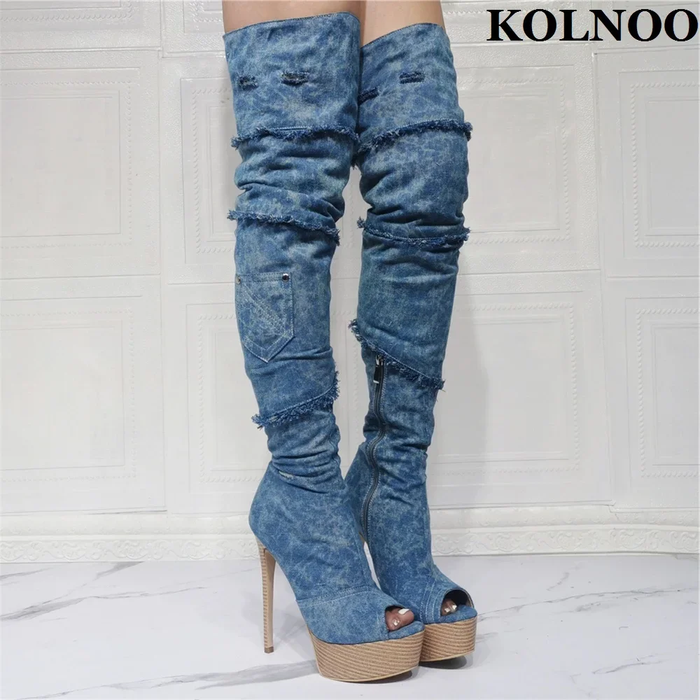 

2024 New Denim Handmade Women High Heel Boots Peep-toe Sexy Platform Over Knee Boots Evening Xmas Club Fashion Winter Shoes