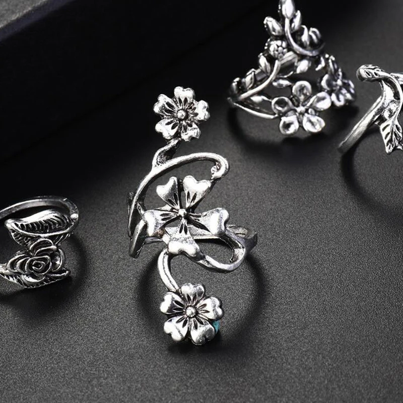 4pcs/set Antique Silver Color Vintage Bohemia Ring Set Rose Flower Rings For Women Charm Bohemia Floral Knuckle Ring view 6