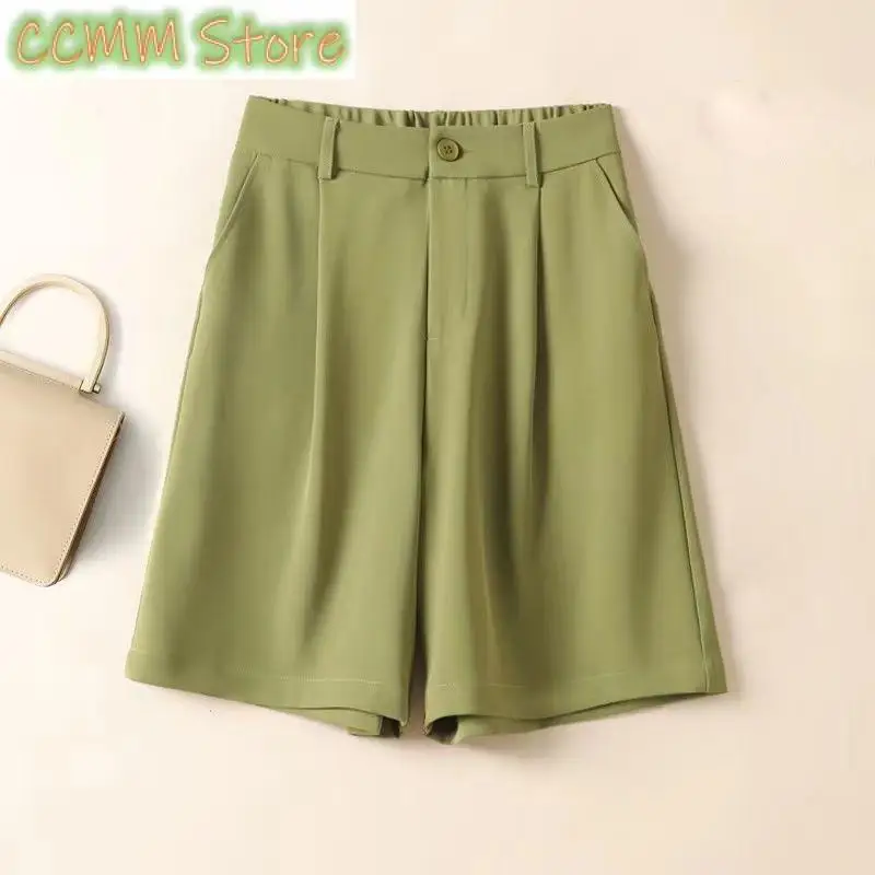 

Fashion Zipper Button Pockets Solid Color Wide Leg Shorts Female Clothing Summer New Loose Elastic High Waist Casual Shorts