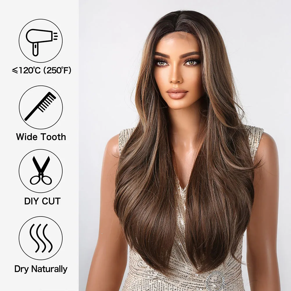 Long Wavy Castanha Castanha Sintética Perucas Destaque Golden Hairline Lace Wig para Mulheres Daily Cosplay Resistente ao Calor Fake Hair